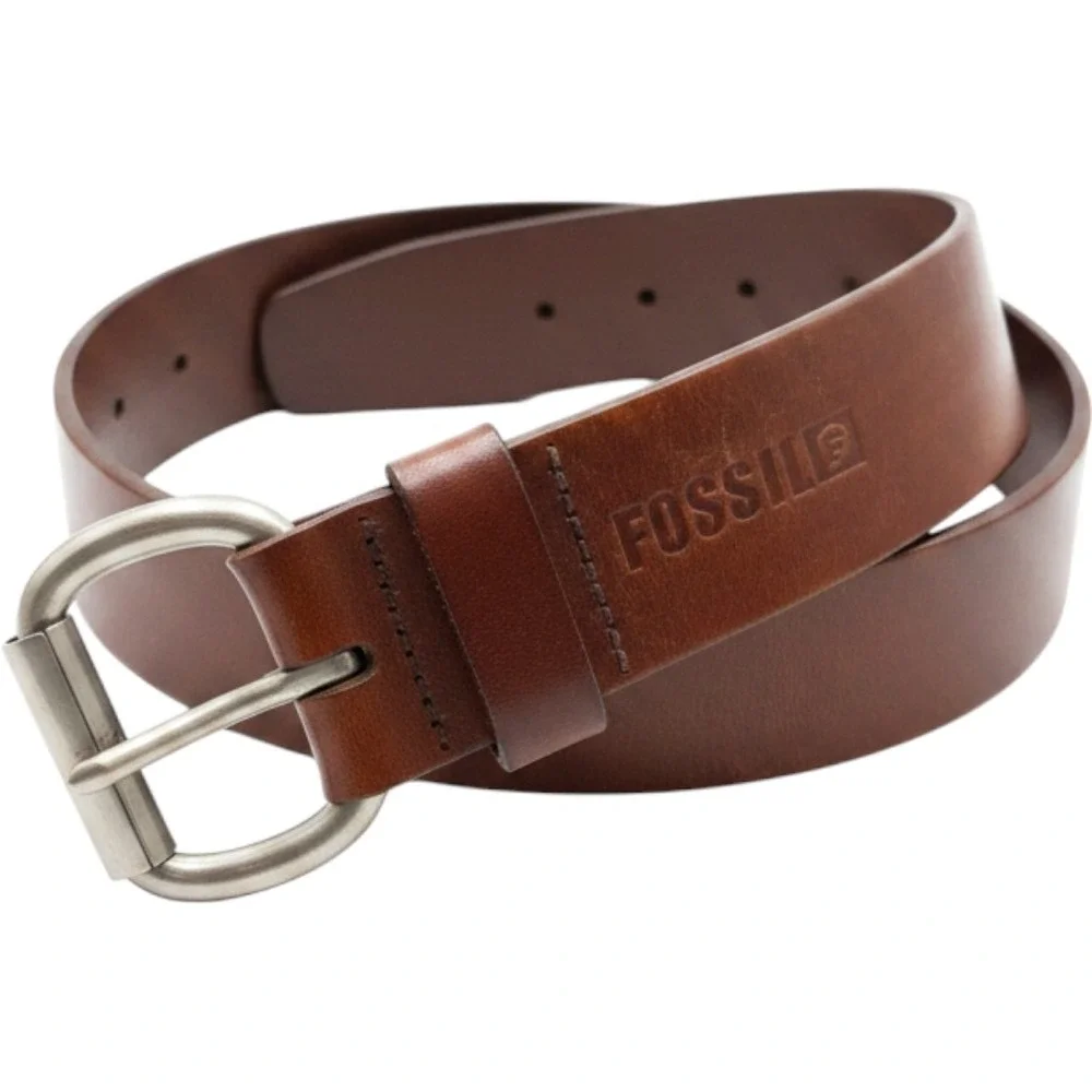 Y2k Mens Brown Genuine Leather Belt Silver Roller Buckle Size 36 thick rugged
